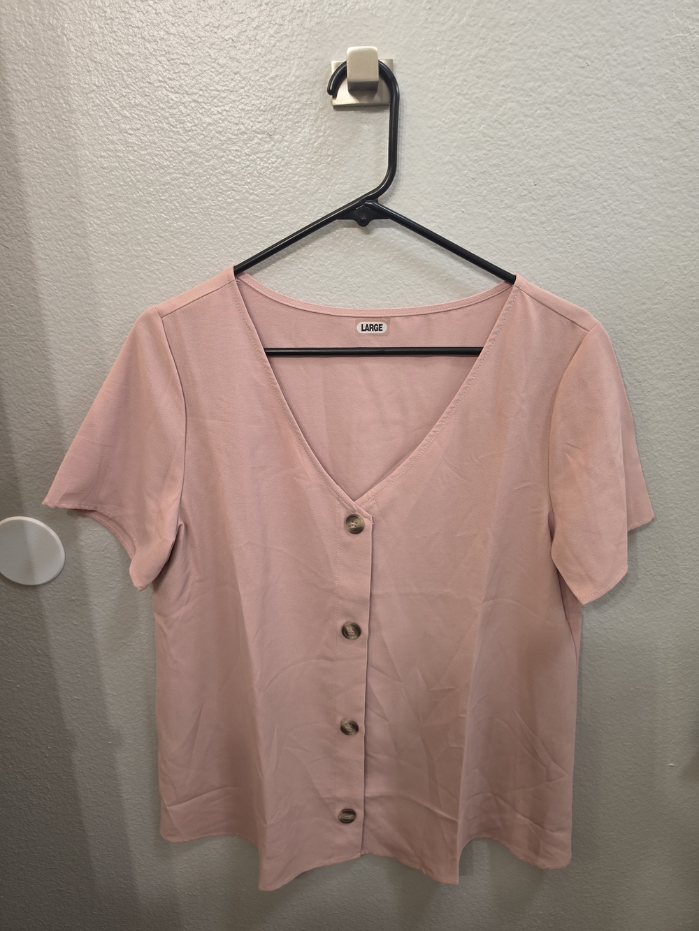 Button-Front V-Neck Short Sleeve Top - Pink